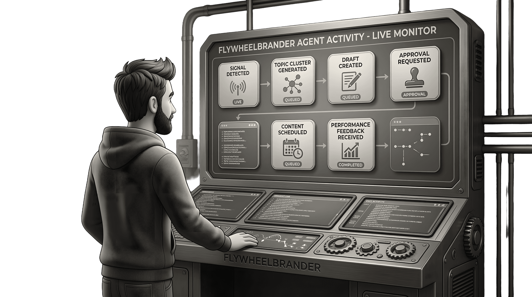 Live monitor dashboard showing agent activity workflow