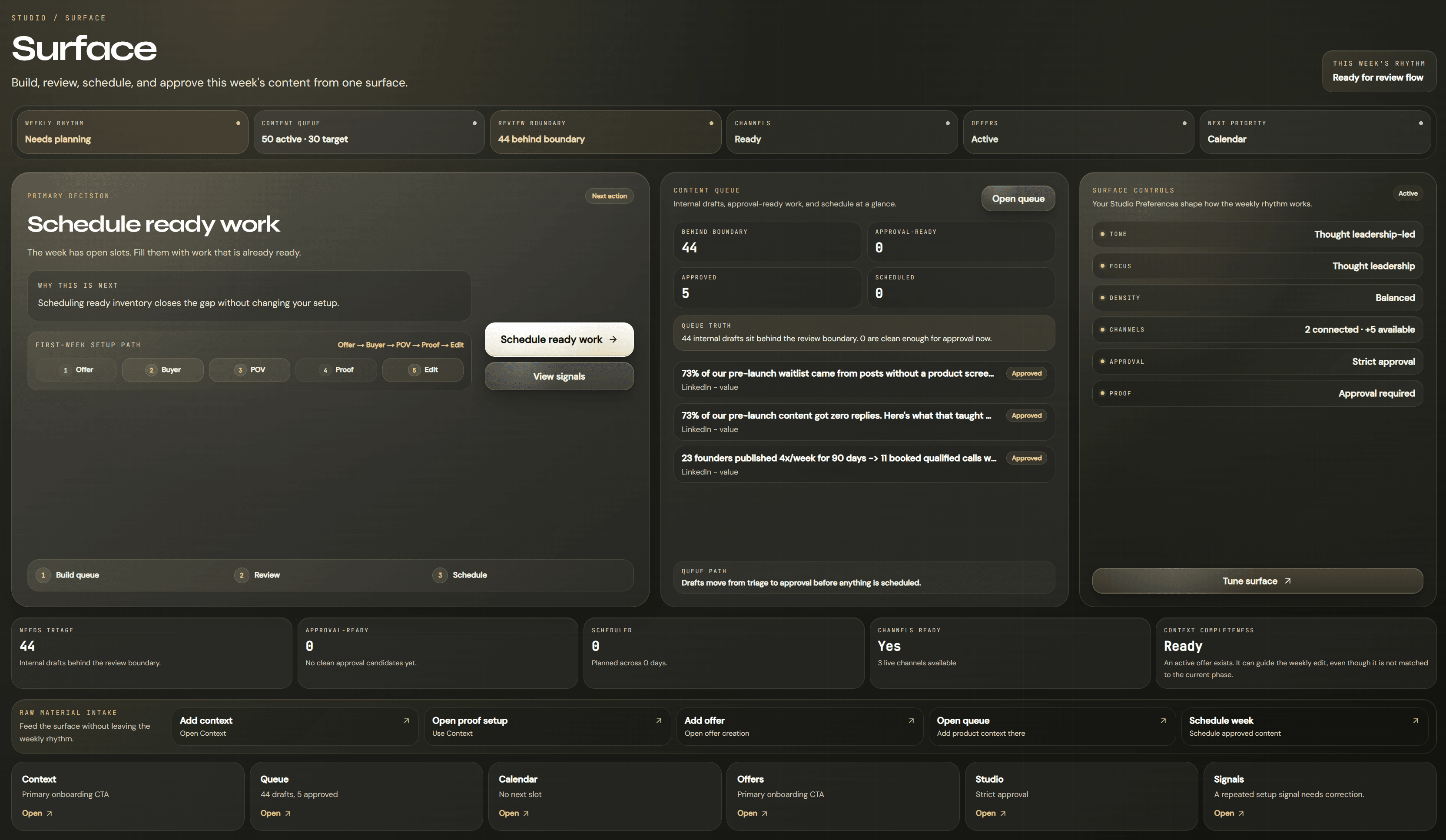FlywheelBrander Surface showing weekly rhythm, content queue, review boundary, and scheduling readiness